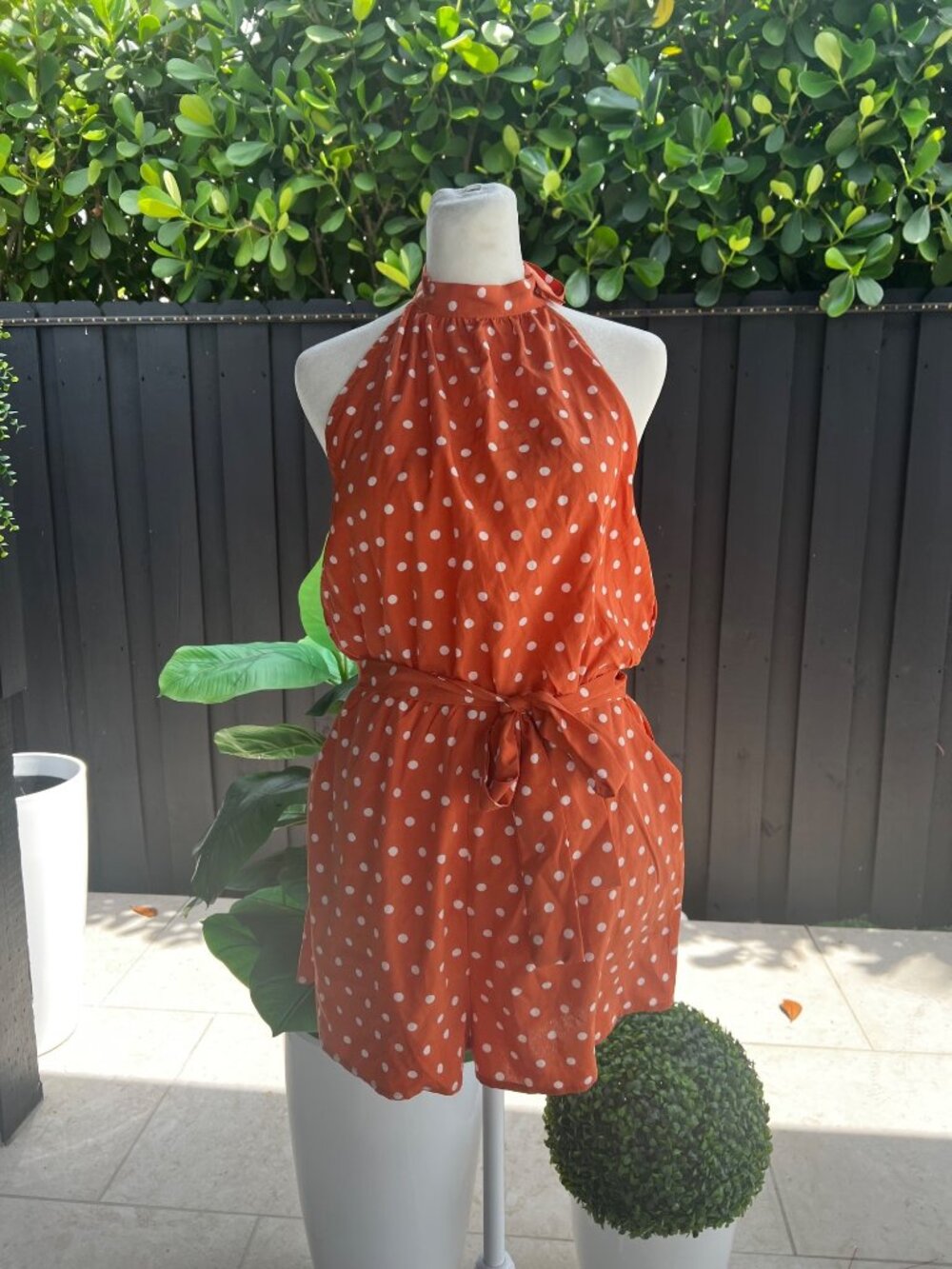 Women's Orange Polka Dot Halter Romper Shorts Tie Back Summer Retro Boho Cute